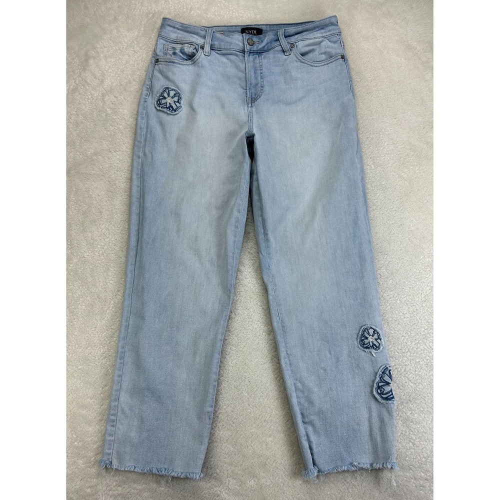 NYDJ Jenna Straight‎ Ankle Jeans Womens 10 Blue Denim Embroidered Patch Raw Hem